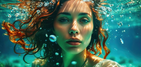 Portrait of a beautiful girl underwater. Beauty, fashion concept.の素材