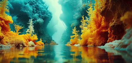 Fantasy alien planet. Mountain lake. 3D illustration. Fantasy world.の素材