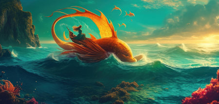 3D illustration of a mermaid floating in the sea at sunsetの素材