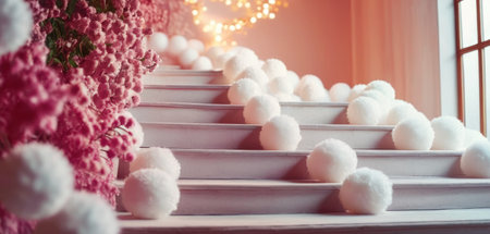 White cotton balls on the stairs. Decorated with flowers.の素材