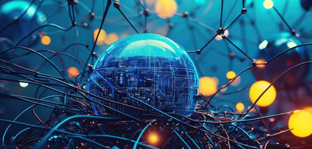 Abstract 3d rendering of wireframe globe with glowing city on the backgroundの素材