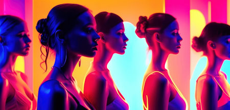 Fashion portrait of beautiful young women in colorful neon light. Studio shot.の素材