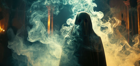 Close up of woman in death costume with smoke coming out of her mouthの素材