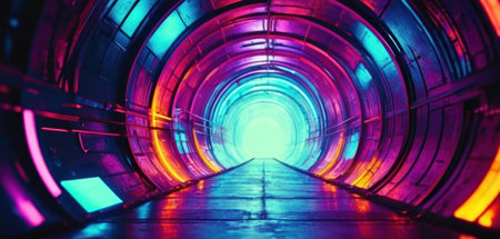 Futuristic tunnel corridor with glowing neon lights 3D rendering illustrationの素材