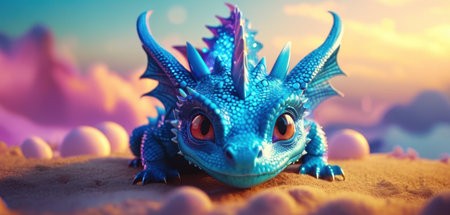 Blue dragon on the sand. 3D illustration. 3D rendering.の素材