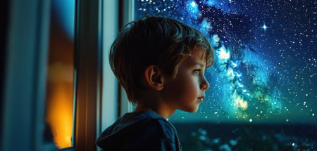 Cute little boy looking out the window at night with beautiful starry sky.の素材