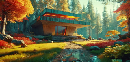 3D rendering of a modern house in a forest with autumn treesの素材