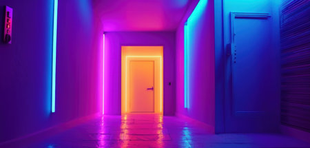 3D render of a corridor with neon lights and a door.の素材