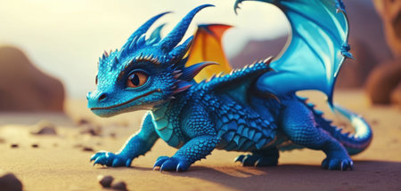 Blue dragon on the sand. 3d rendering, 3d illustration.の素材