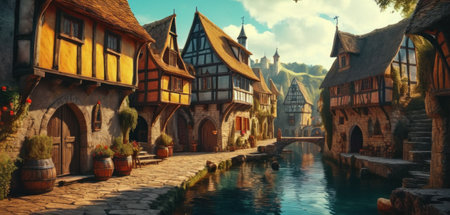 Fantasy scene with old wooden houses in a medieval village. 3d renderingの素材