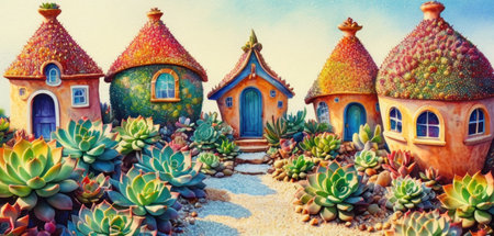 Colorful houses made of cactuses and succulents in the gardenの素材