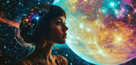 Portrait of a beautiful woman in the image of a fantastic galaxy.の素材
