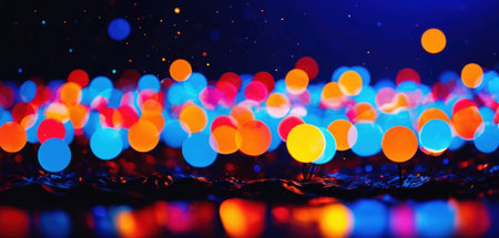 Colorful bokeh lights on water surface, abstract background.の素材