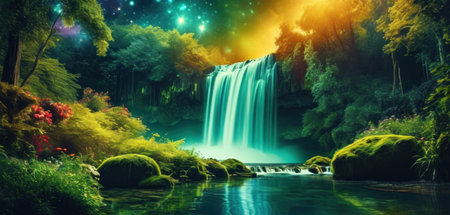Waterfall in the forest. Colorful fantasy landscape with waterfall.の素材