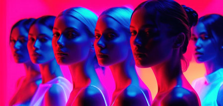 3d rendering of female mannequins in neon light.の素材