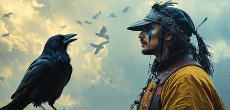Portrait of a viking warrior with a crow in his handの素材