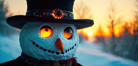 Snowman in the winter forest at sunset. Close-up.の素材