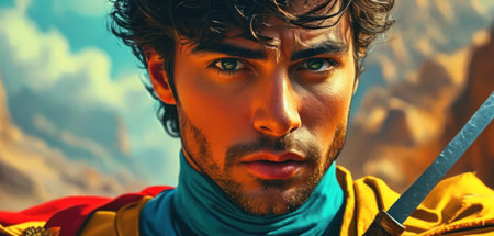 Close-up portrait of a medieval knight with a sword in his handsの素材