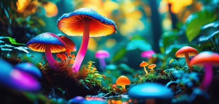 Mushroom in the forest. Beautiful nature scene with mushrooms.の素材