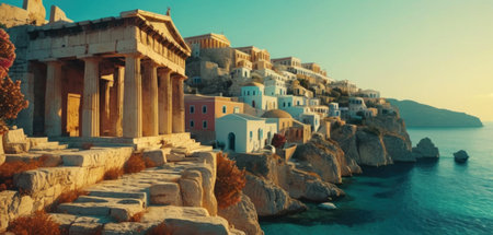 Panoramic view of the ancient greek city of Poros at sunset, Greece.の素材