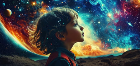 Cute little boy exploring the universe. Elements of this image furnished by NASAの素材