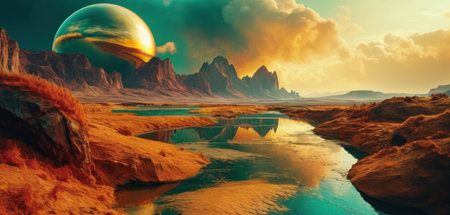 Fantasy alien planet. Mountain and lake. 3D illustration.の素材