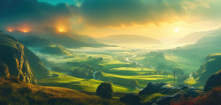 Foggy meadow at sunrise. Panoramic landscape.の素材