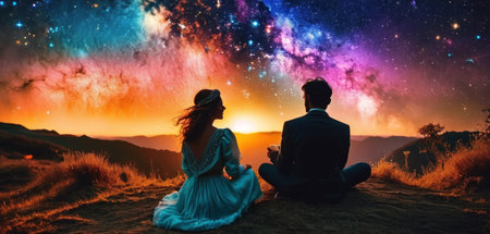 Young couple sitting on the top of the mountain and looking at the milky way.の素材