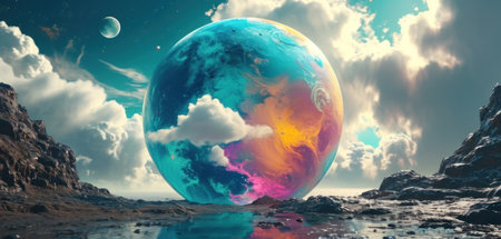 Fantasy alien planet. Mountain and lake. 3D illustration.の素材