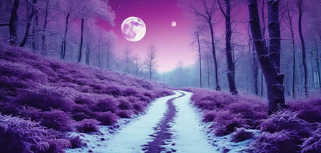 Beautiful winter landscape with path in the forest and full moon.の素材