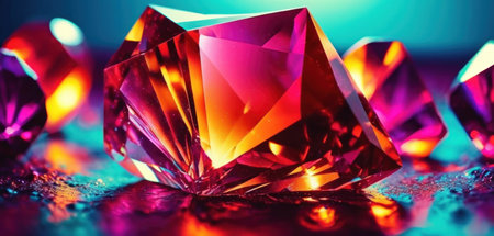Macro shot of a diamond on a reflective surface. Colorful background.の素材