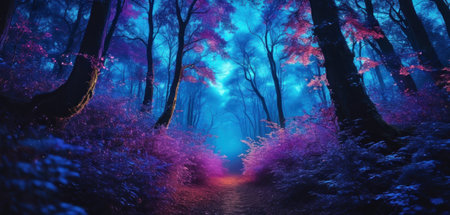 Mysterious forest with fog in the night. 3d renderingの素材