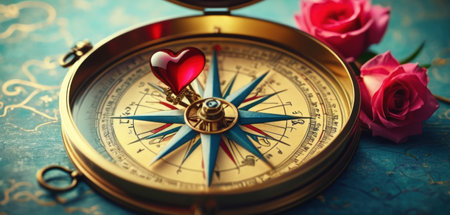 Compass with rose flower and heart on blue background, valentine conceptの素材