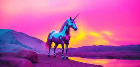 Unicorn in the desert at sunset. Pink and purple colorsの素材