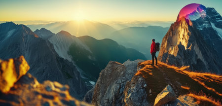Hiker with backpack standing on top of the mountain and looking at sunriseの素材