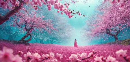 Beautiful asian woman in pink dress walking on pink cherry blossom flower gardenの素材