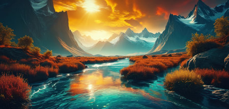Fantasy landscape with mountains and river. 3d render illustration.の素材