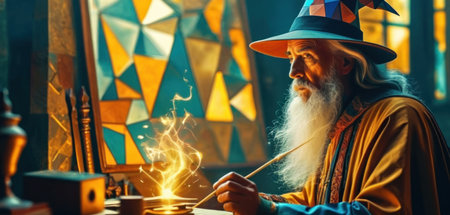 Old man with long white beard and mustache in the wizarding roomの素材