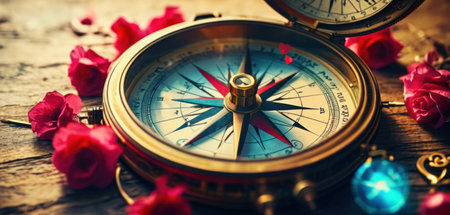 Compass and rose flower on wooden background. Vintage style toned pictureの素材