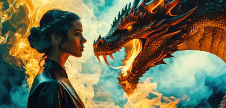 Beautiful girl in a black dress with a dragon in the fireの素材