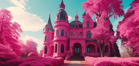 Beautiful pink castle in the park. 3d render illustration.の素材