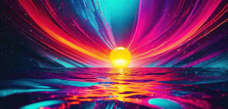 3d render of abstract background with neon lights and waves in waterの素材