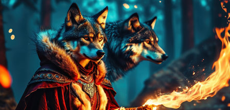 Portrait of a wolf with a fire in the night forest.の素材