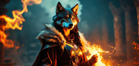 Portrait of a wolf warrior in the fire. Fantasy illustration.の素材