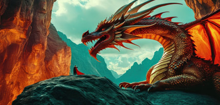 dragon and red cliff. 3d render. 3d illustration.の素材