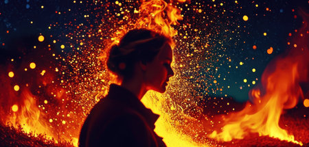 Young woman standing in front of a burning bonfire at night.の素材