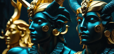 Close-up of three greek goddesses on black background.の素材