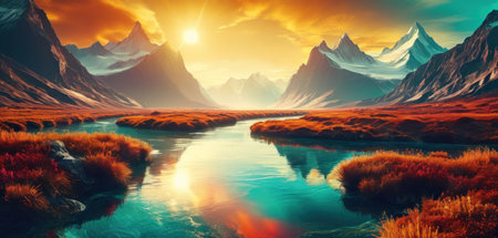 Fantasy alien planet. Mountain and lake. 3D illustration.の素材
