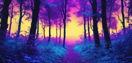 Beautiful foggy forest at sunrise in purple colors. Nature backgroundの素材