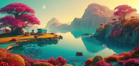Fantasy landscape with a lake and islands. 3D Renderingの素材
